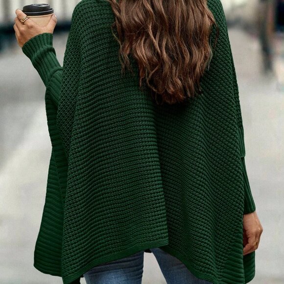 Dark Green Casual Women's Turtleneck Batwing Sleeve Poncho Sweater top - Picture 2 of 7